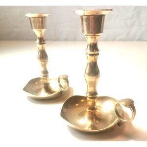 Pair Vintage Brass Chamberstick Candle Holders Ring Handle Finger Hold Drip Tray
